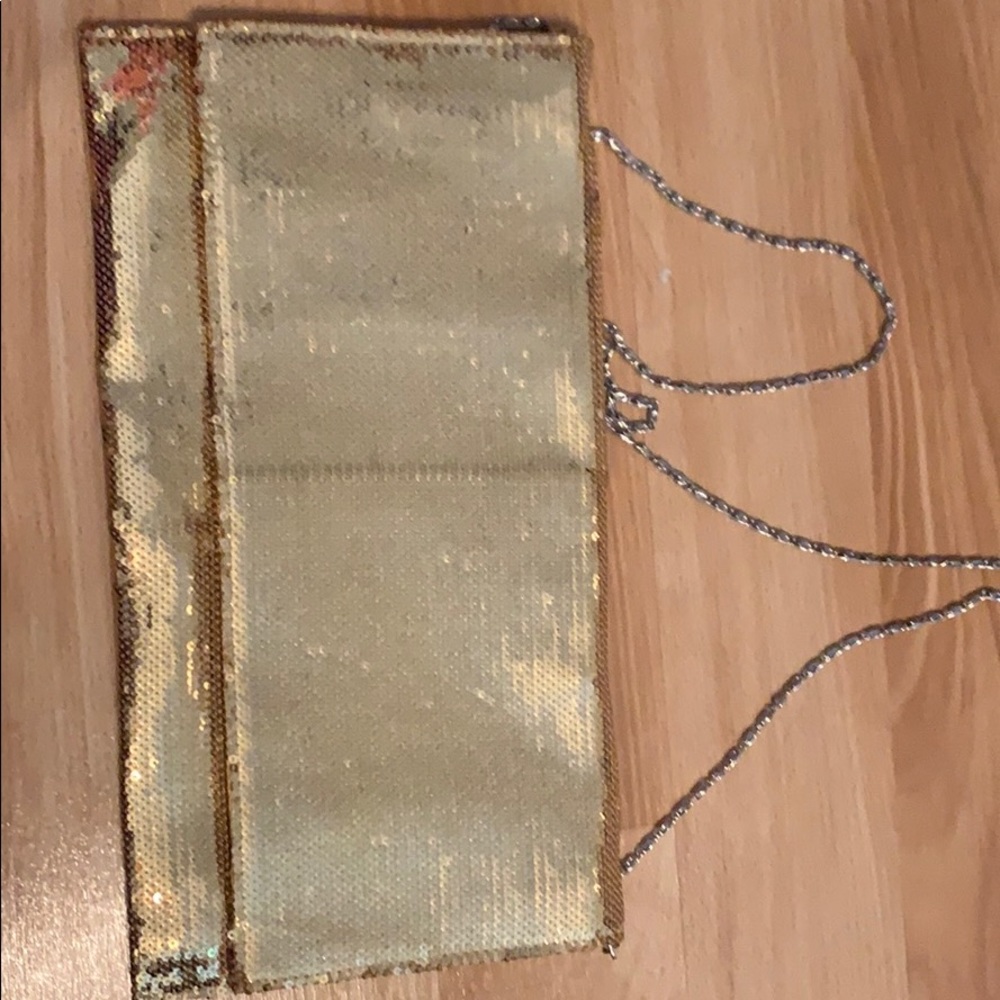 Gold sequined envelope clutch